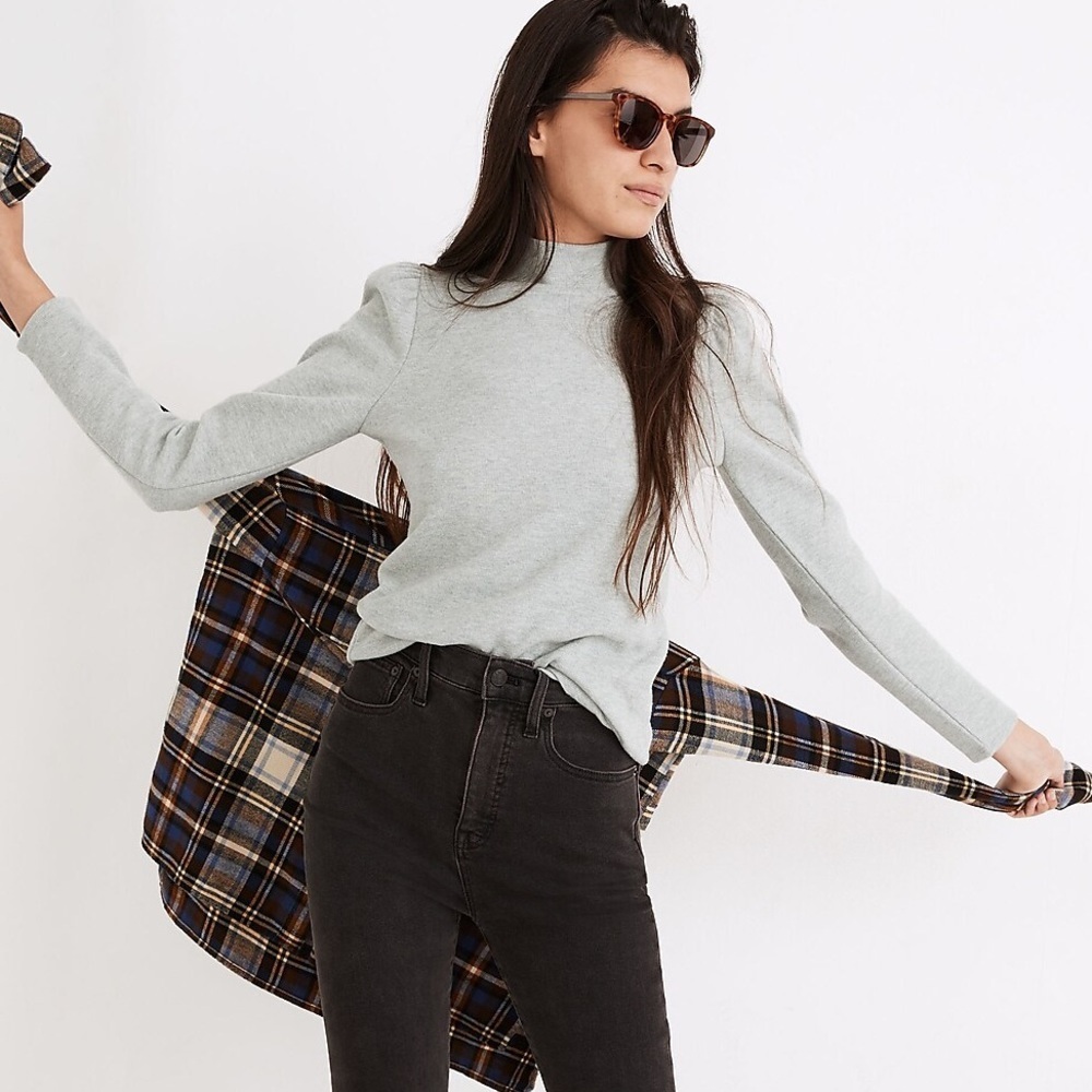 MADEWELL Plush Green Puff Sleeve Knit Top Crew